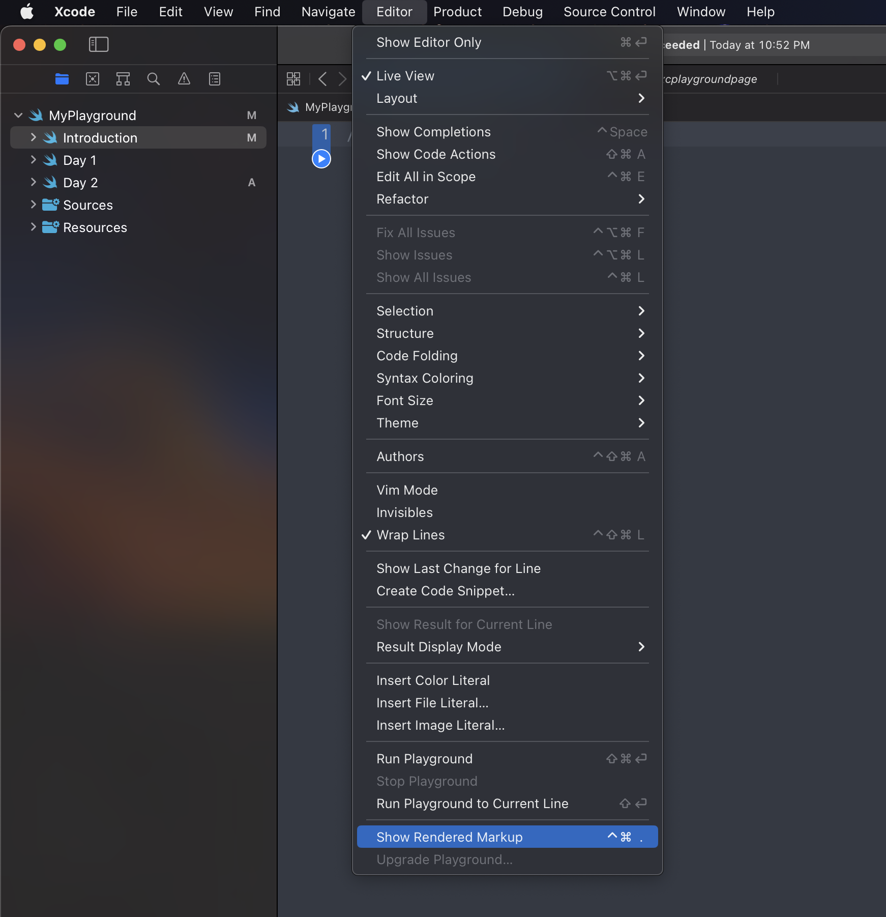 Xcode Editor > Show Rendered Markup 메뉴를 보여주는 스크린샷