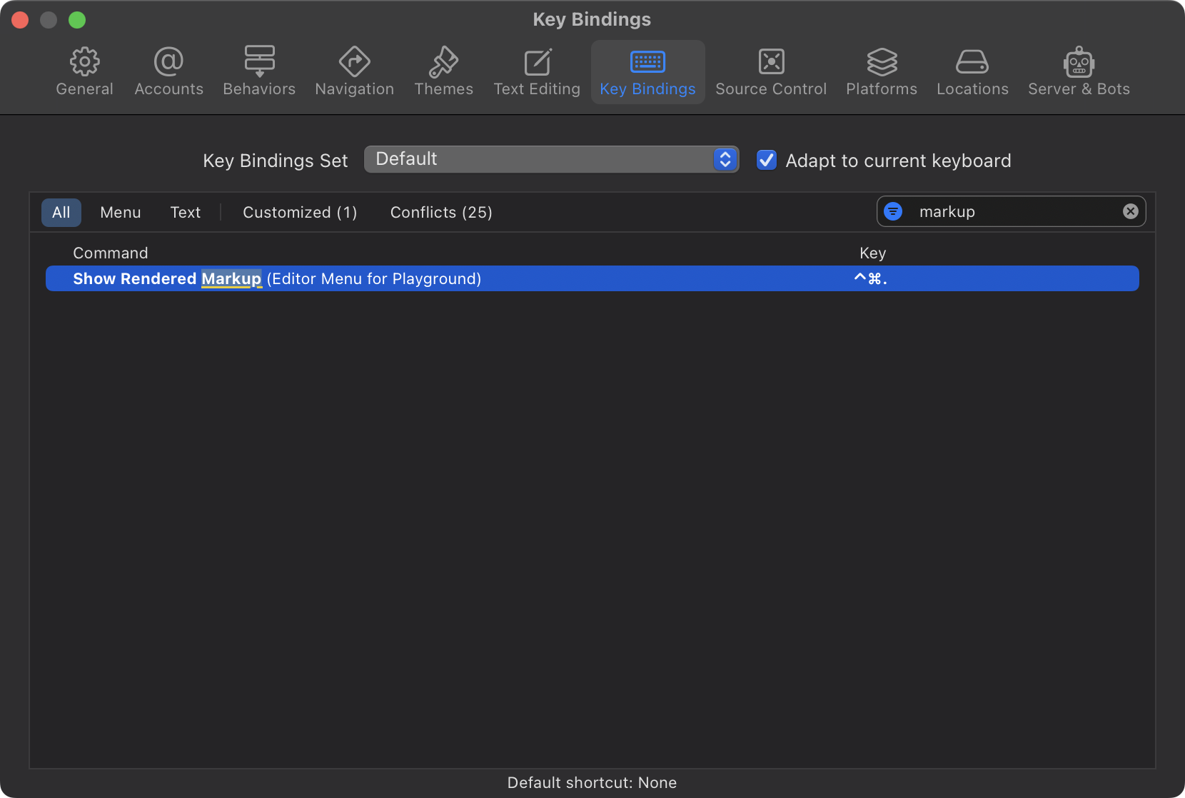 Xcode Settings > Key Binding 화면에서 'markup'을 검색한 화면. 'Show Rendered Markup' Key Binding 항목이 나타난다.