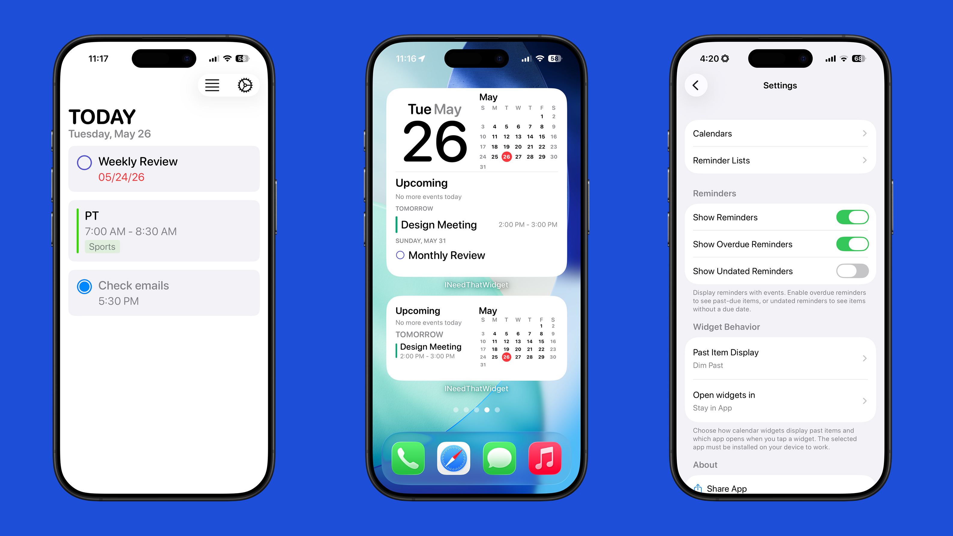 Three I Need That Widget screens showing larger text support in the main list, widget previews, and settings