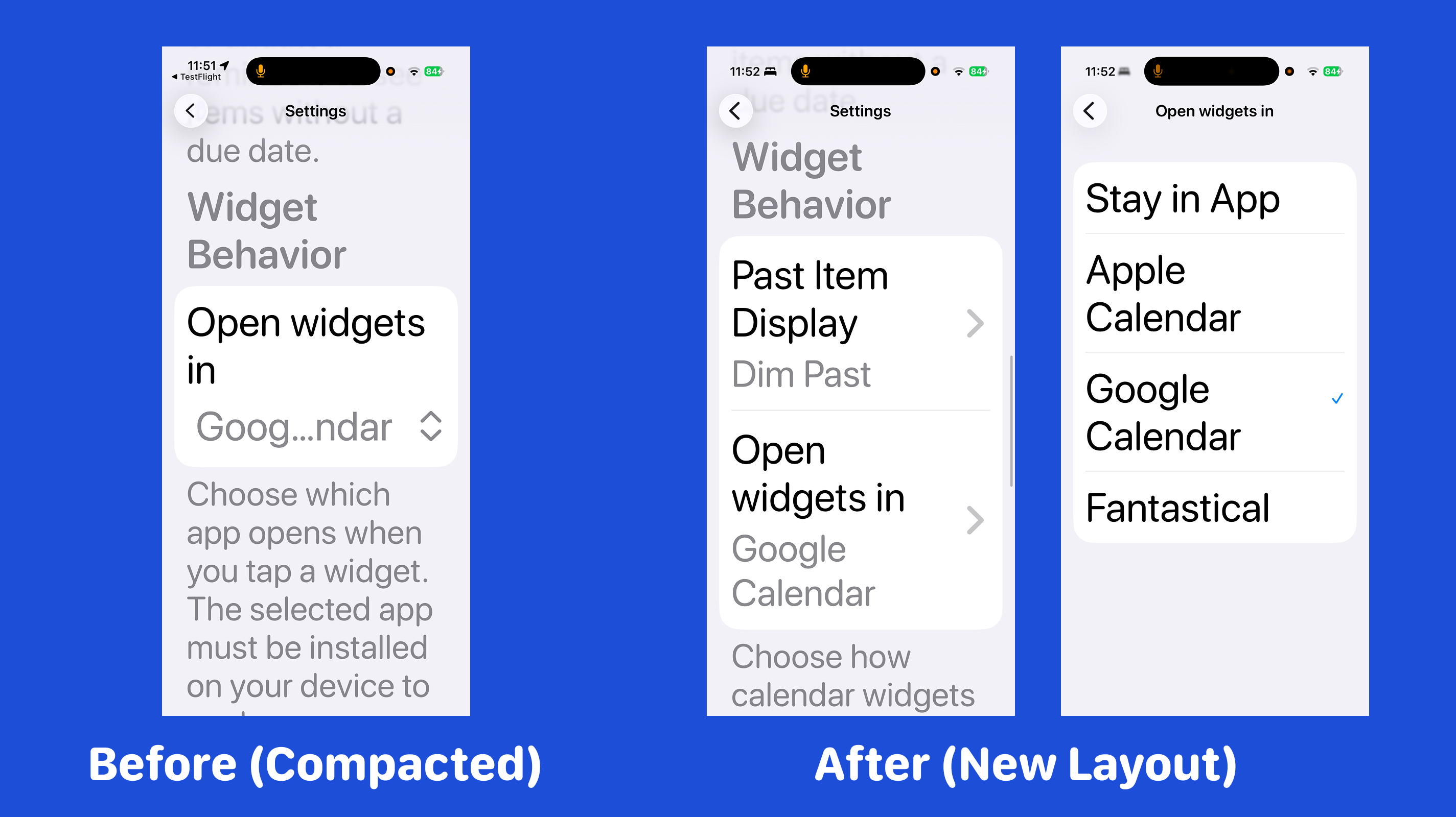Before and after comparison showing a compact picker layout replaced with clearer navigation-based settings screens for larger text