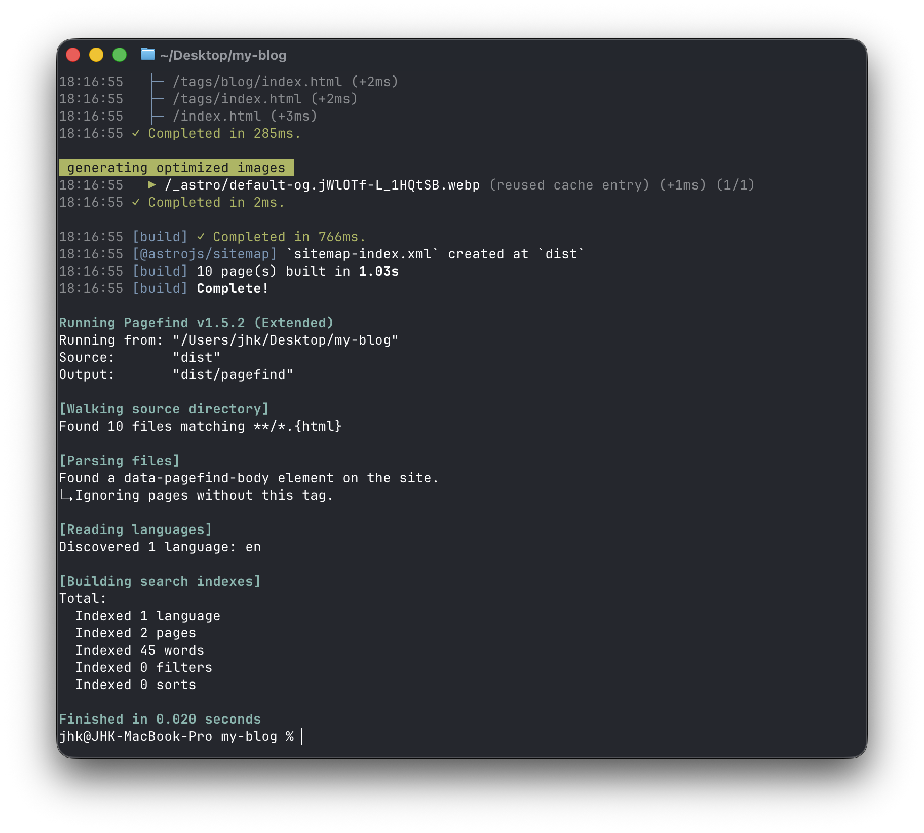 Terminal showing a successful Astro build and Pagefind indexing