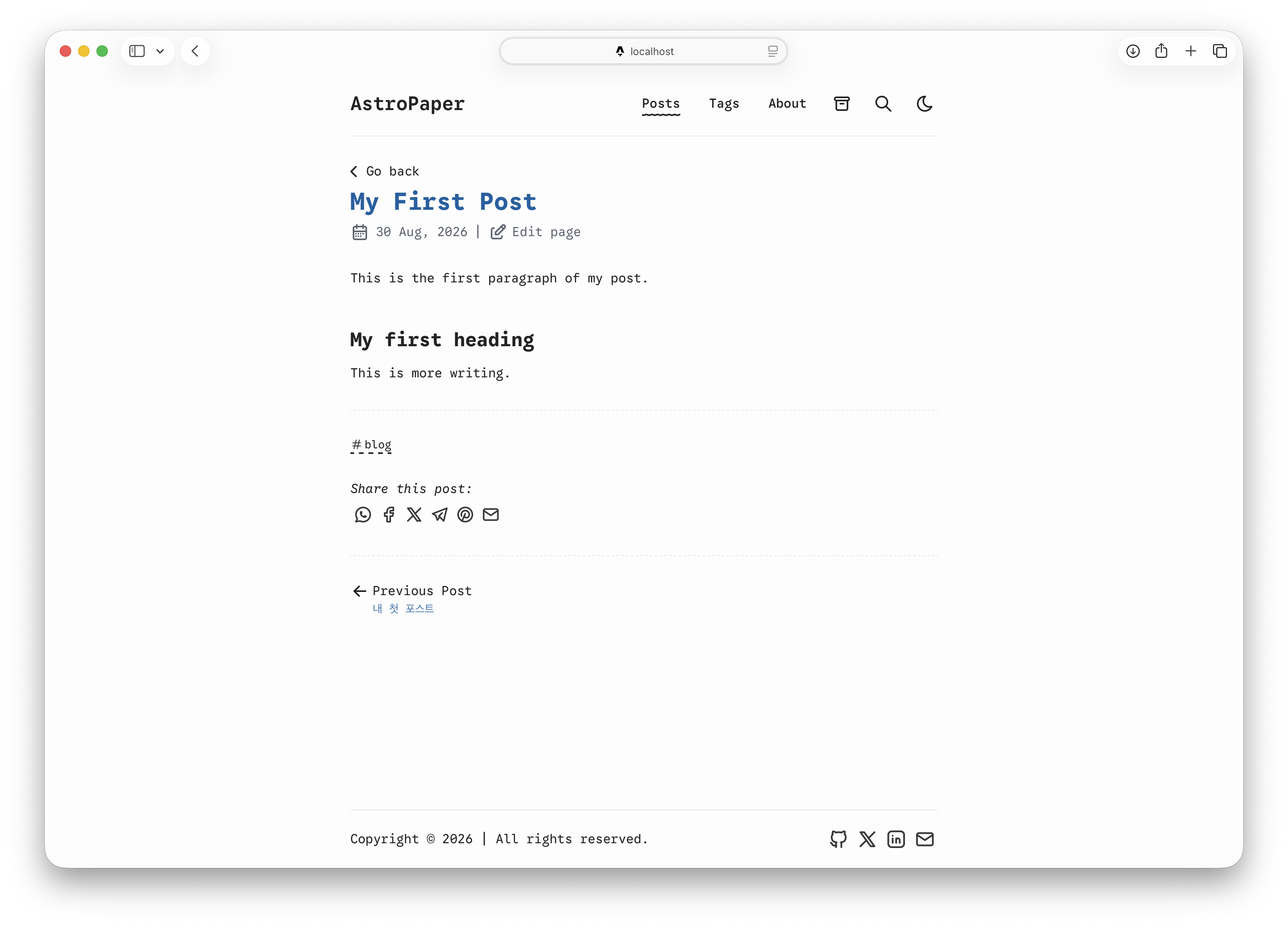 Browser showing the My First Post page in the local preview