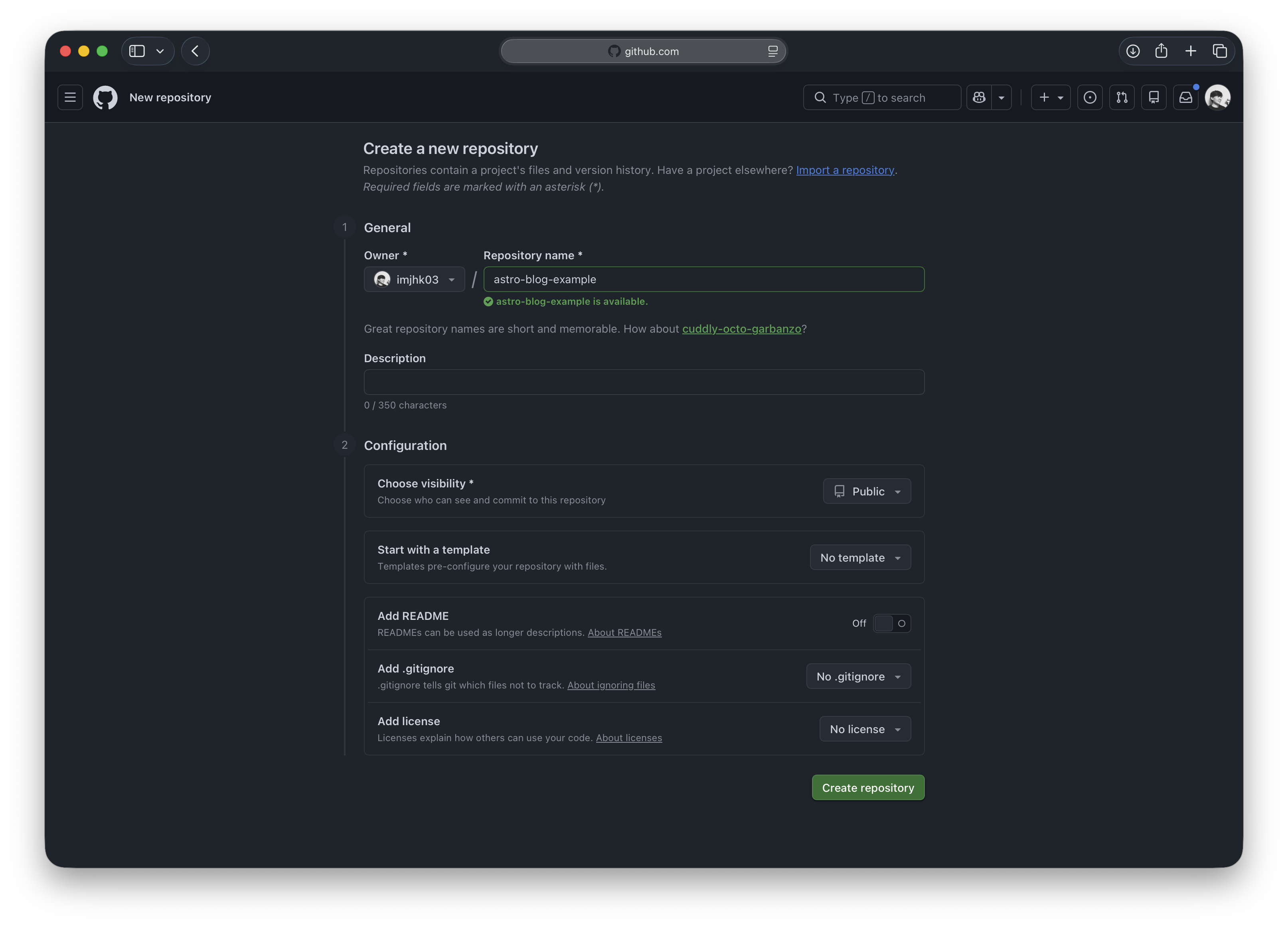 GitHub's new repository form for astro-blog-example