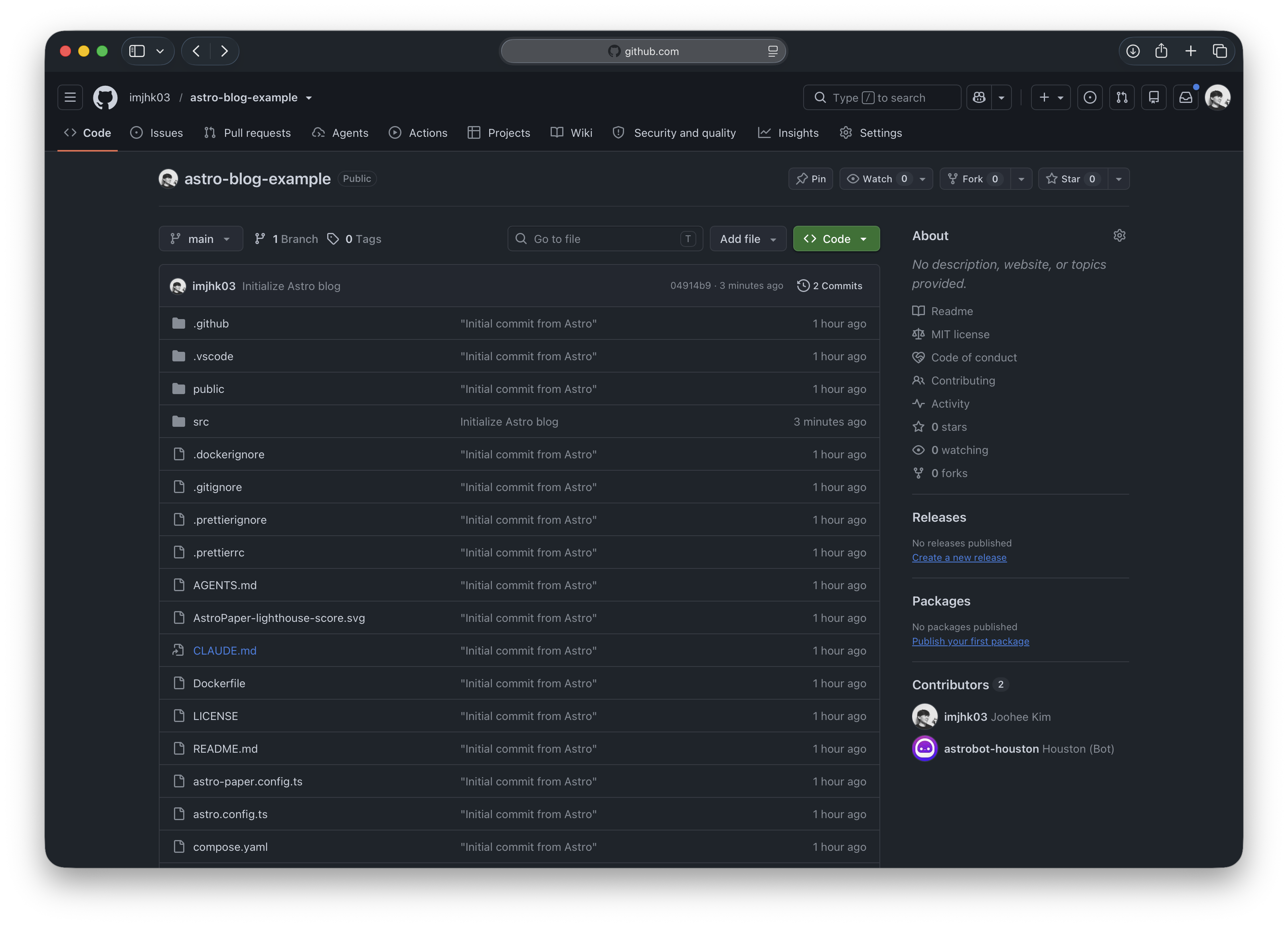 The astro-blog-example repository with its files on GitHub