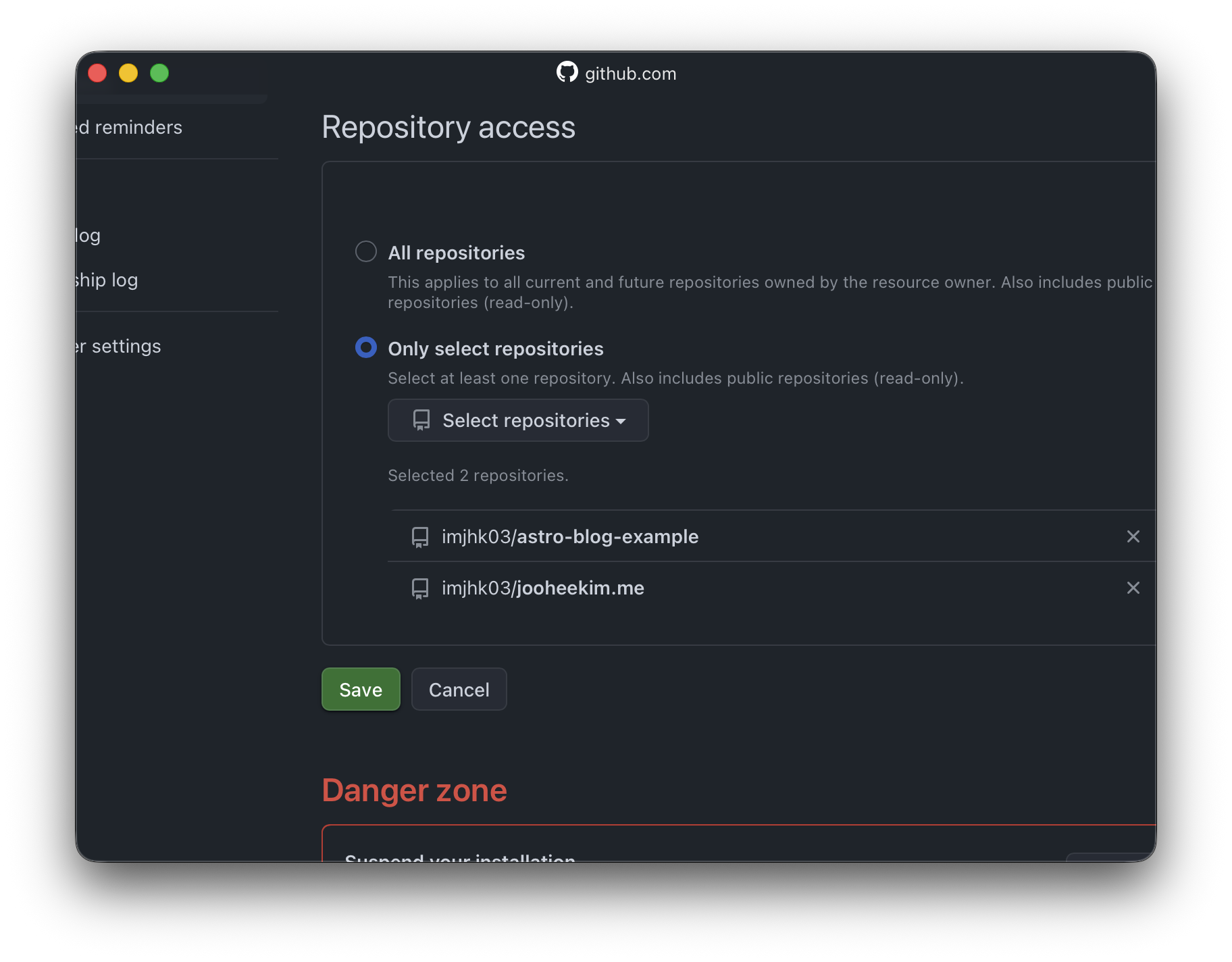 GitHub repository access settings for the Vercel connection