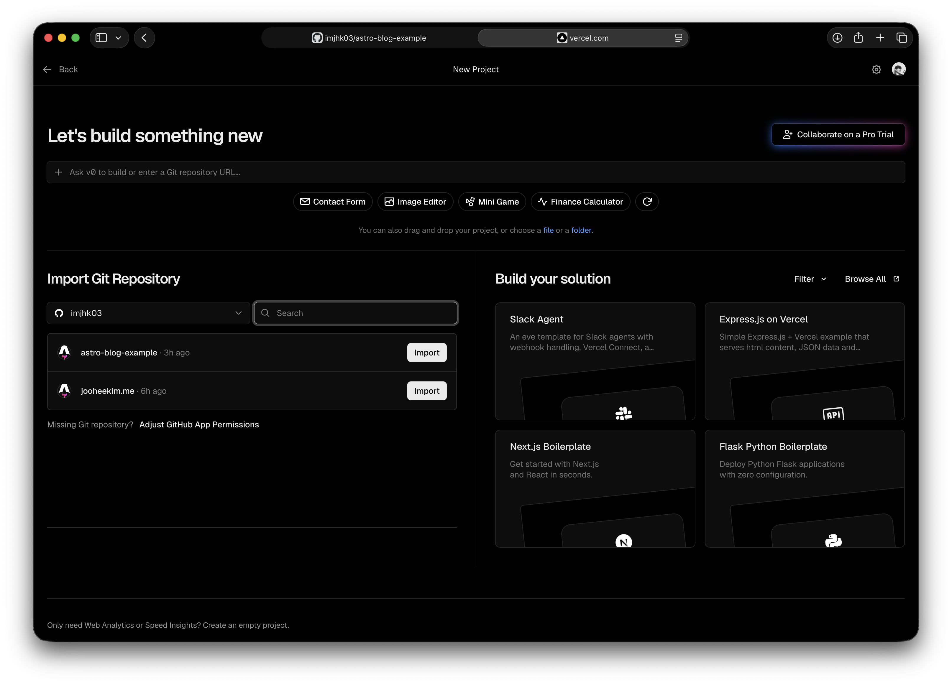 Vercel's new project page listing the astro-blog-example repository