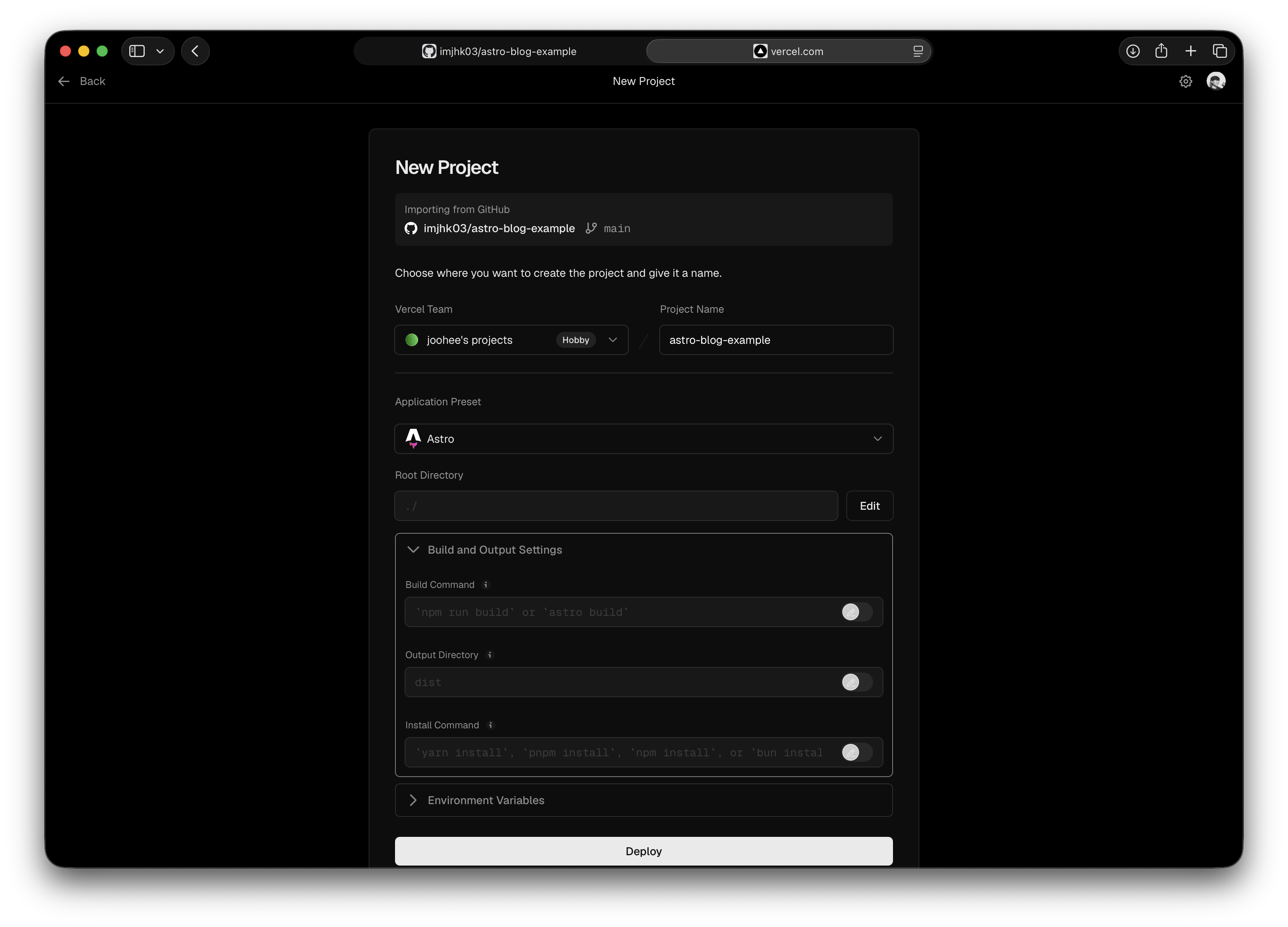 Vercel's project setup page for the Astro repository