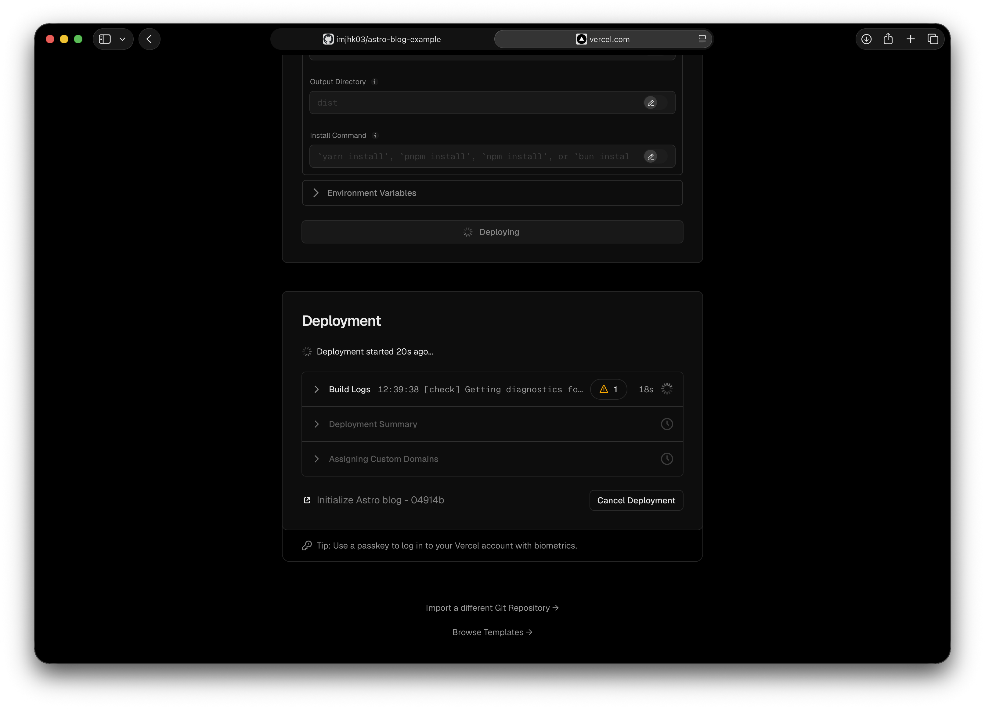 Vercel showing the deployment in progress