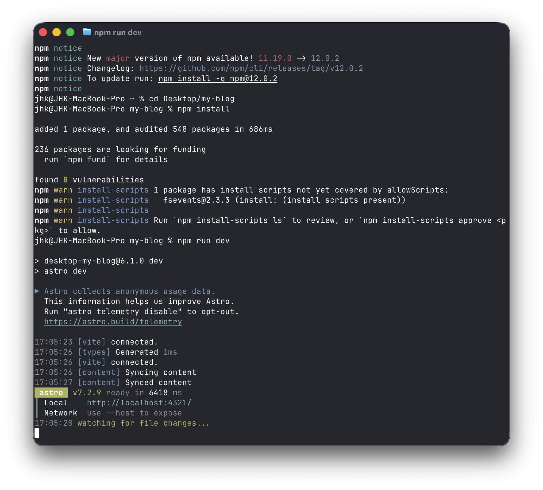 Terminal showing npm install and the Astro development server starting