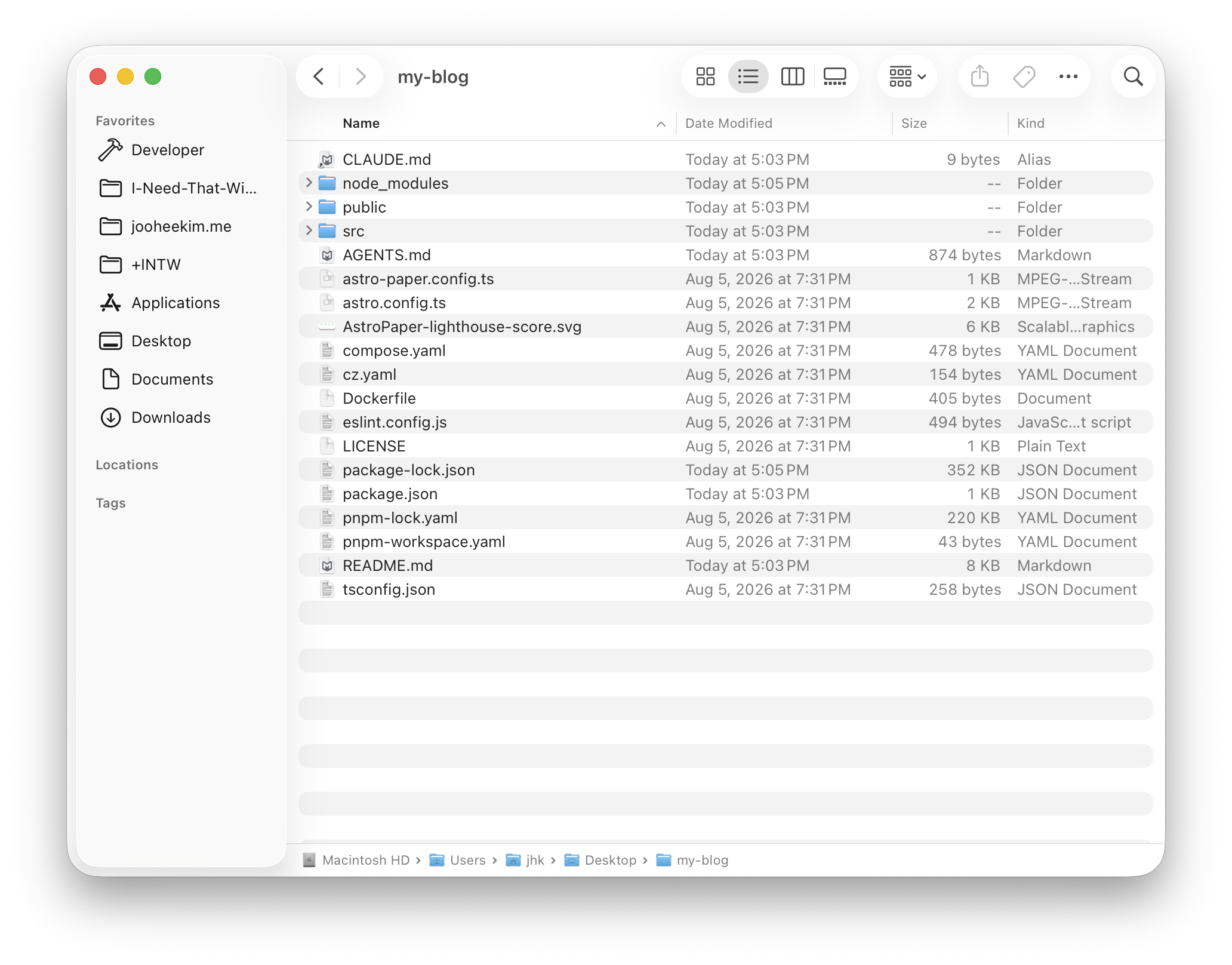 Finder showing the new my-blog project files