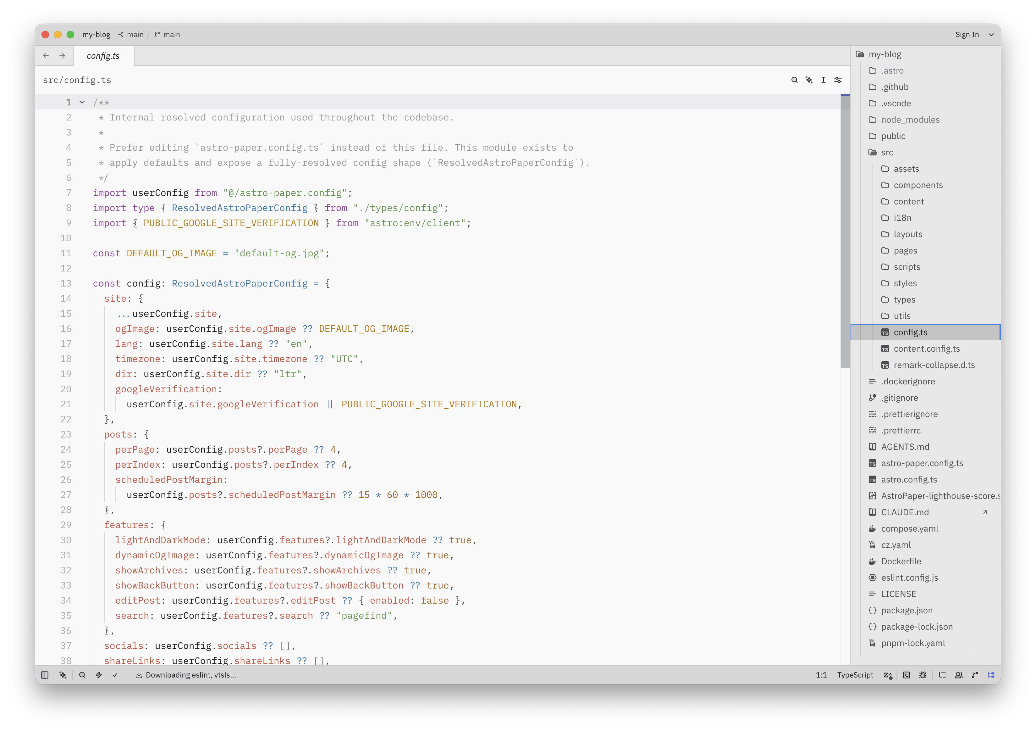 Zed showing the Astro site configuration file
